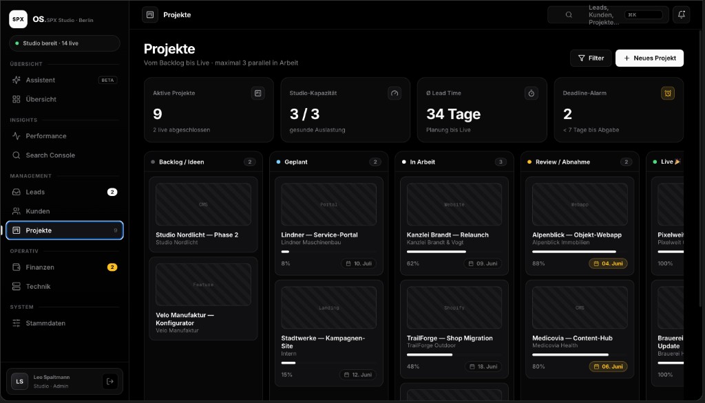 SPX OS Projekte Kanban mit Fortschritt