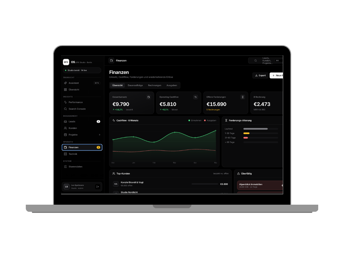 SPX OS auf MacBook: Finanzen-Dashboard mit Cashflow, Forderungen und KPIs